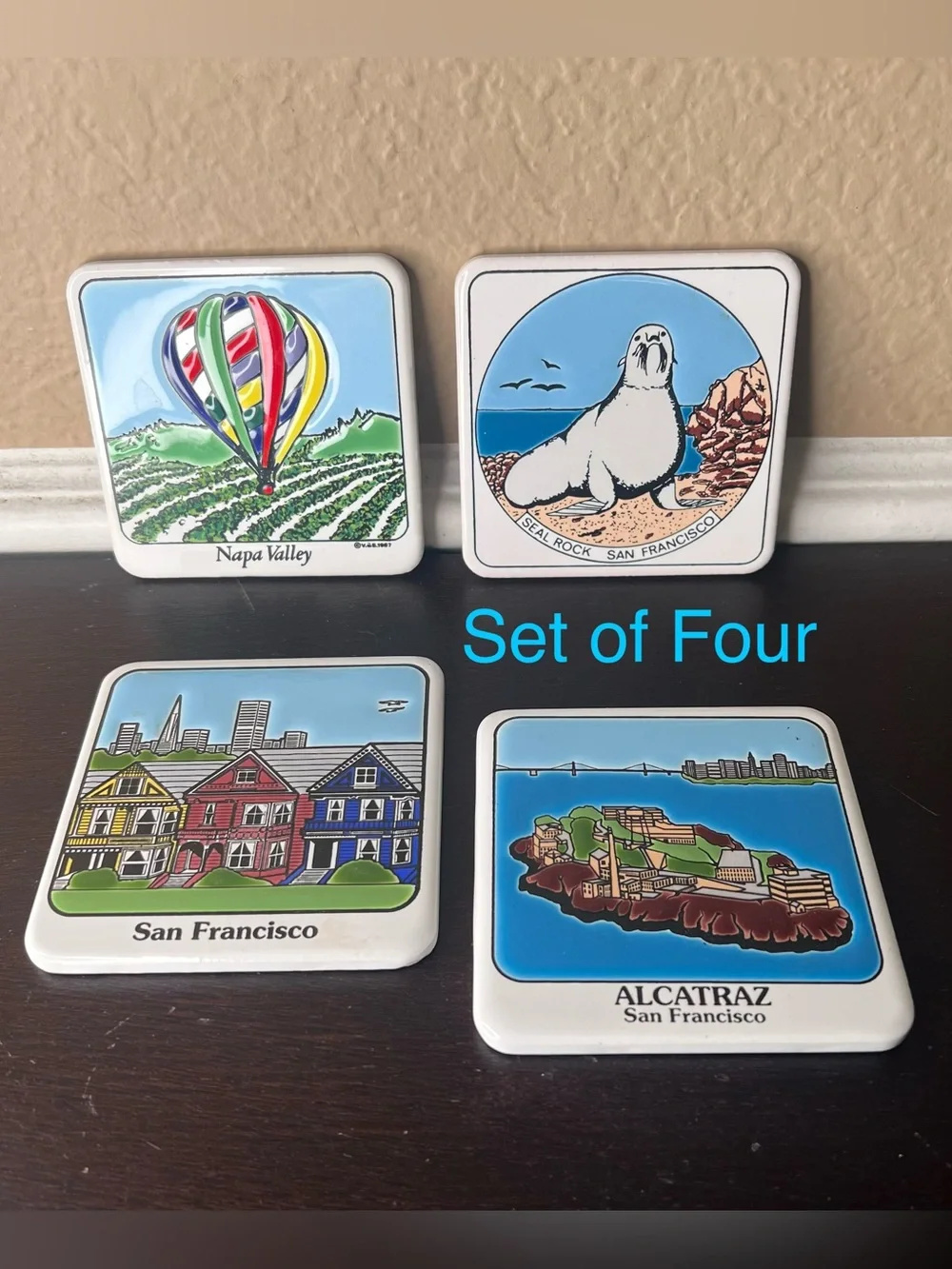 Vintage 1980s San Francisco Ceramic Coasters, Napa Valley, Alcatraz, Seal Rock